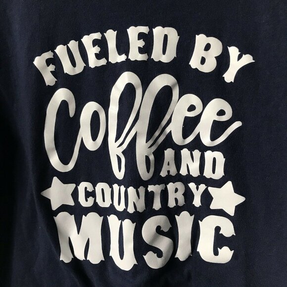 Fueled by Coffee and Country Music navy novelty t-shirt graphic tee women size L - Picture 1 of 5